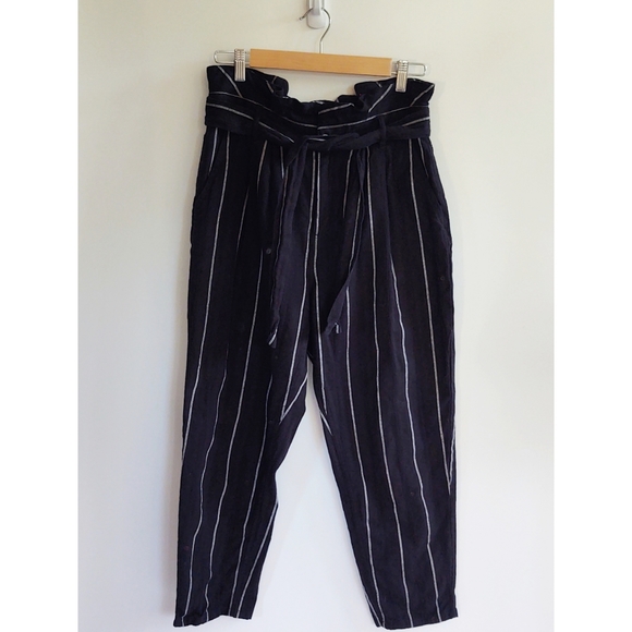Who What Wear Cotton Linen Paper Bag Crop Striped Pants Black White Size 10 - Picture 4 of 9